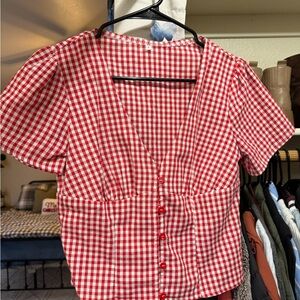 Red Gingham Button-Up Blouse